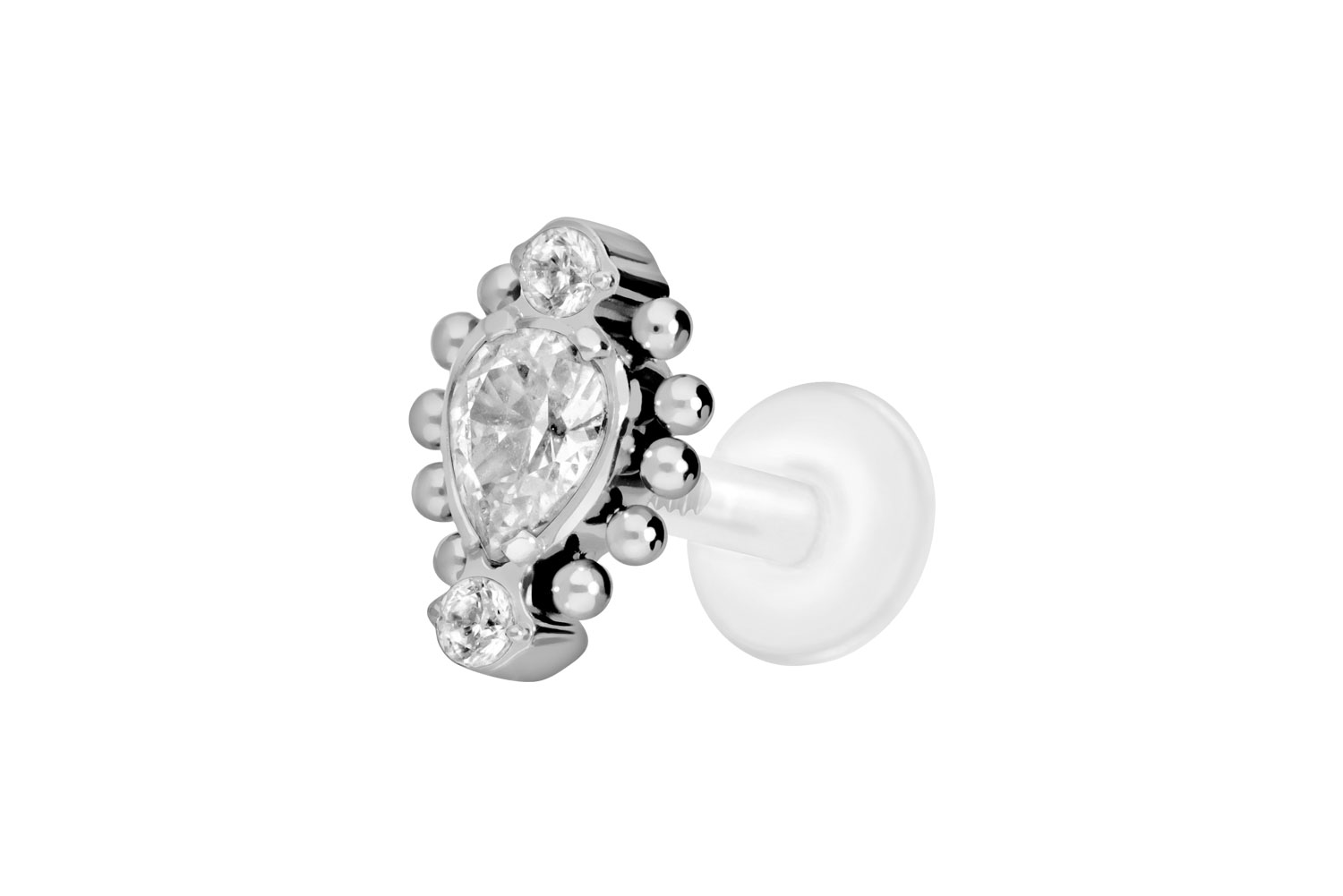 PTFE Labret Piercing mit Innengewinde + Titan-Aufsatz 3 EINGEFASSTE KRISTALLE + KUGELN